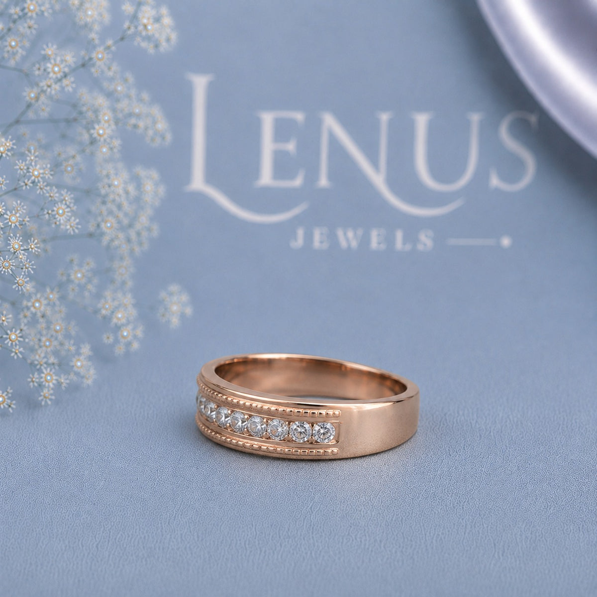 Rose Gold Moissanite Wedding Band for Women – Round-Cut Milgrain Anniversary Ring