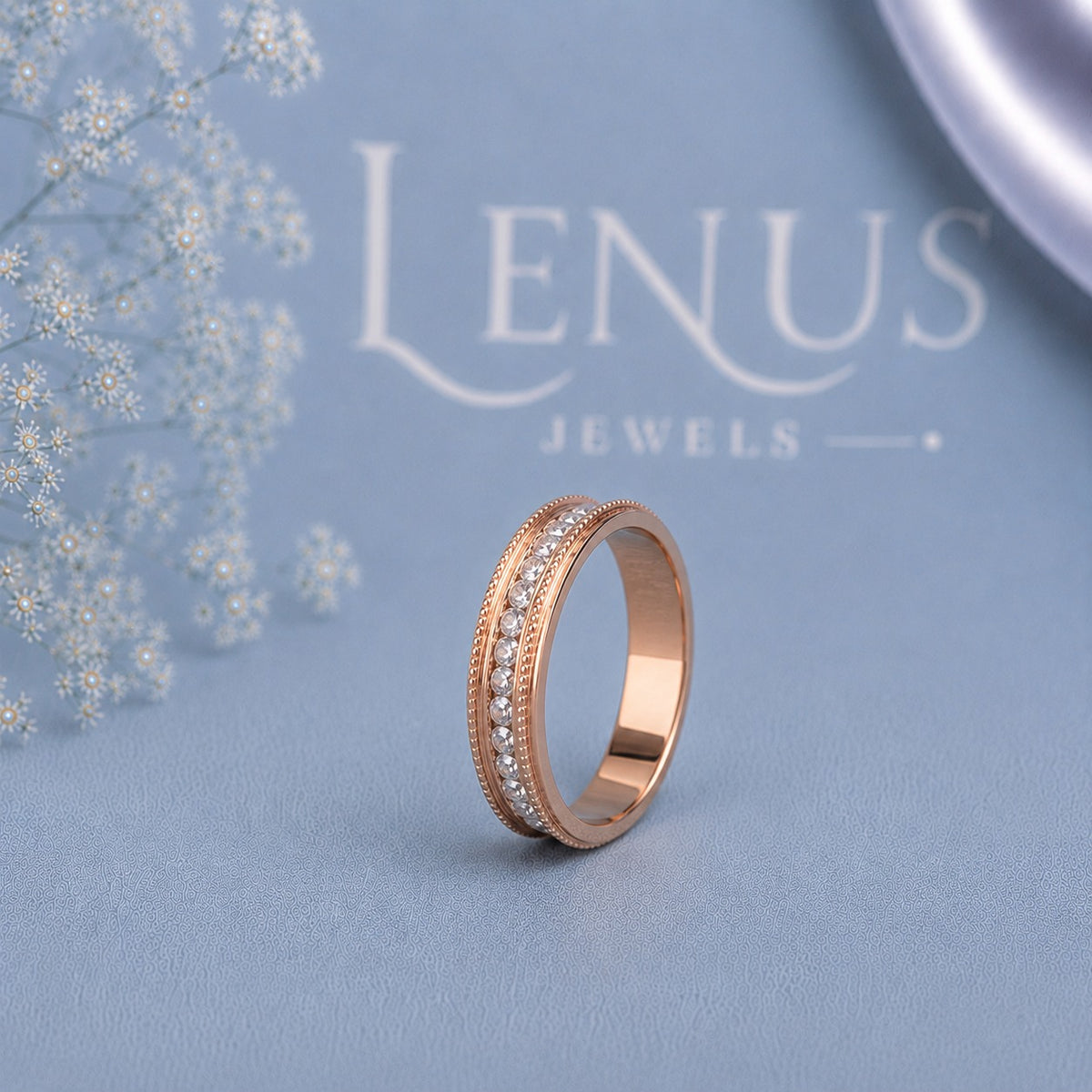 Rose Gold Moissanite Wedding Band for Women – Round-Cut Milgrain Anniversary Ring