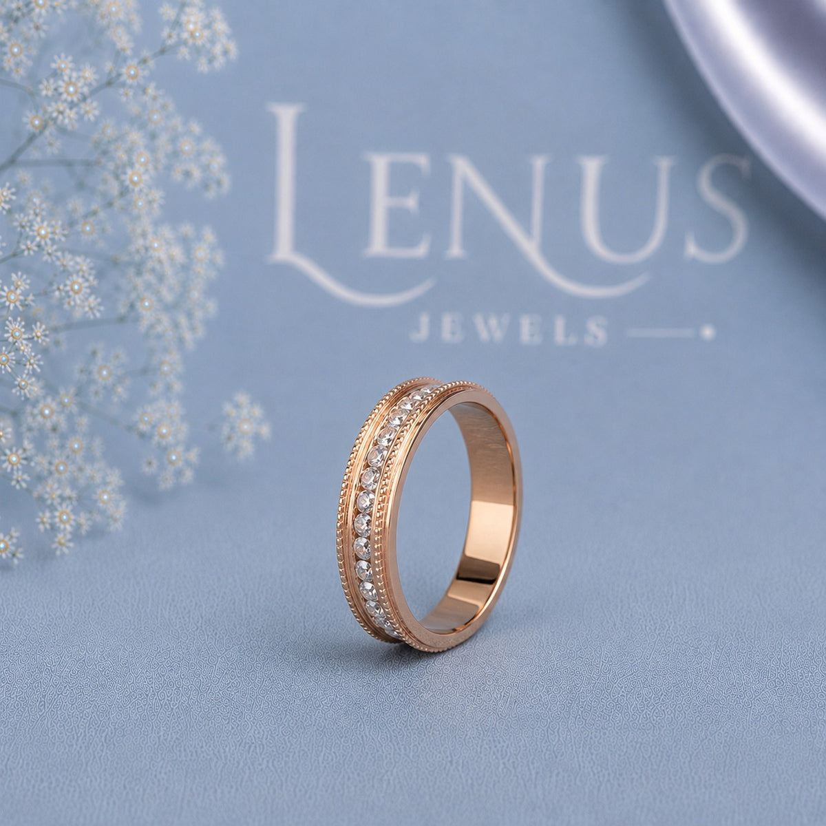 Rose Gold Moissanite Wedding Band for Women – Round-Cut Milgrain Anniversary Ring