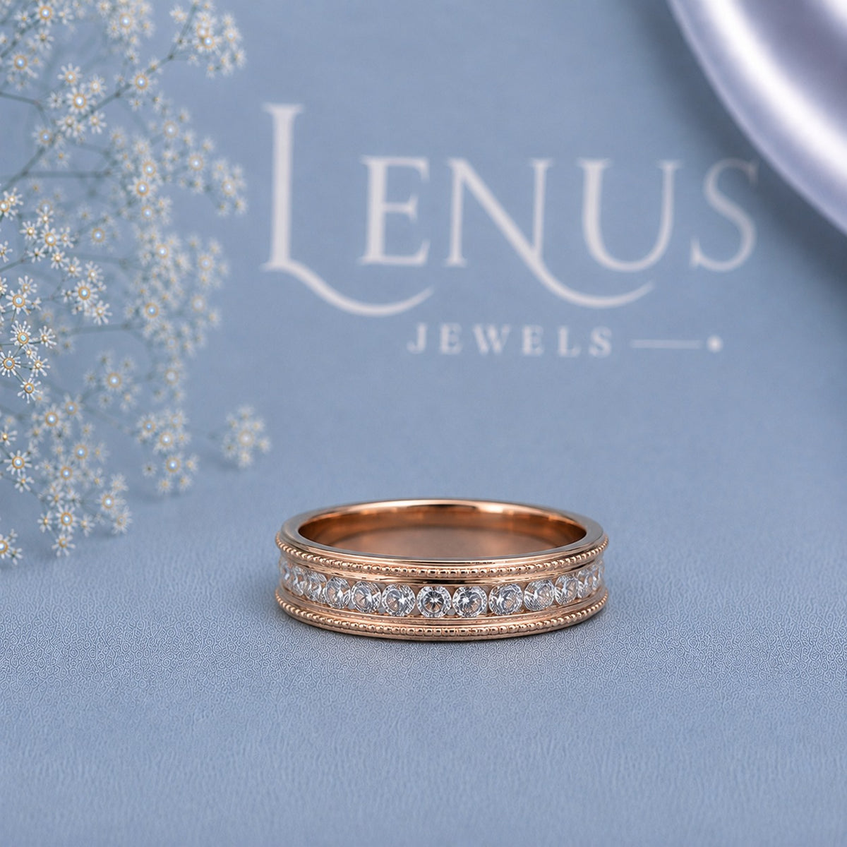 Rose Gold Moissanite Wedding Band for Women – Round-Cut Milgrain Anniversary Ring