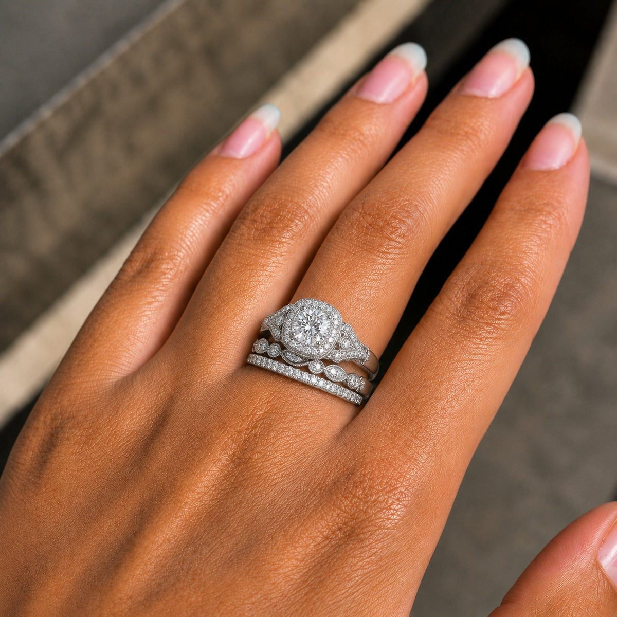 Cushion Halo Moissanite Bridal Set – 3-Piece Vintage Wedding Ring Set