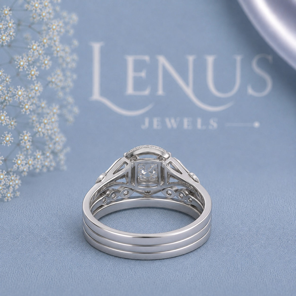 Cushion Halo Moissanite Bridal Set – 3-Piece Vintage Wedding Ring Set