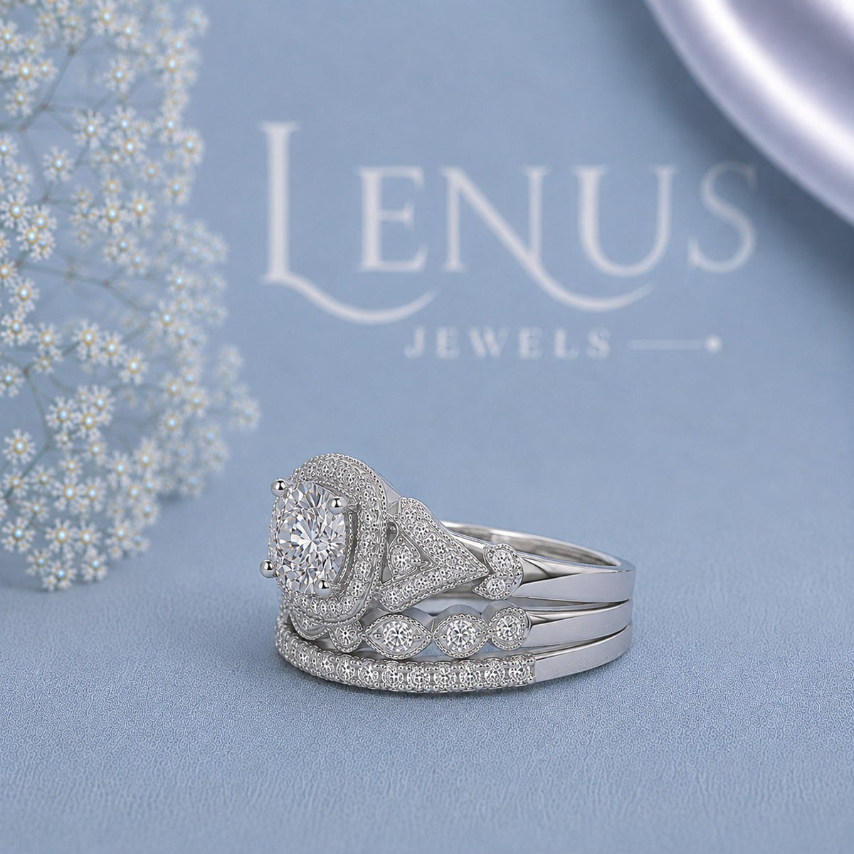 Cushion Halo Moissanite Bridal Set – 3-Piece Vintage Wedding Ring Set