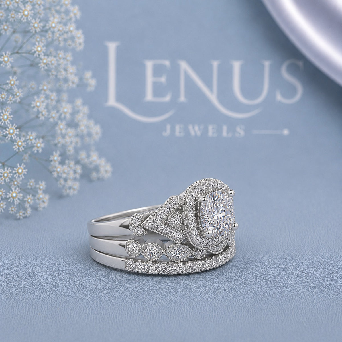 Cushion Halo Moissanite Bridal Set – 3-Piece Vintage Wedding Ring Set