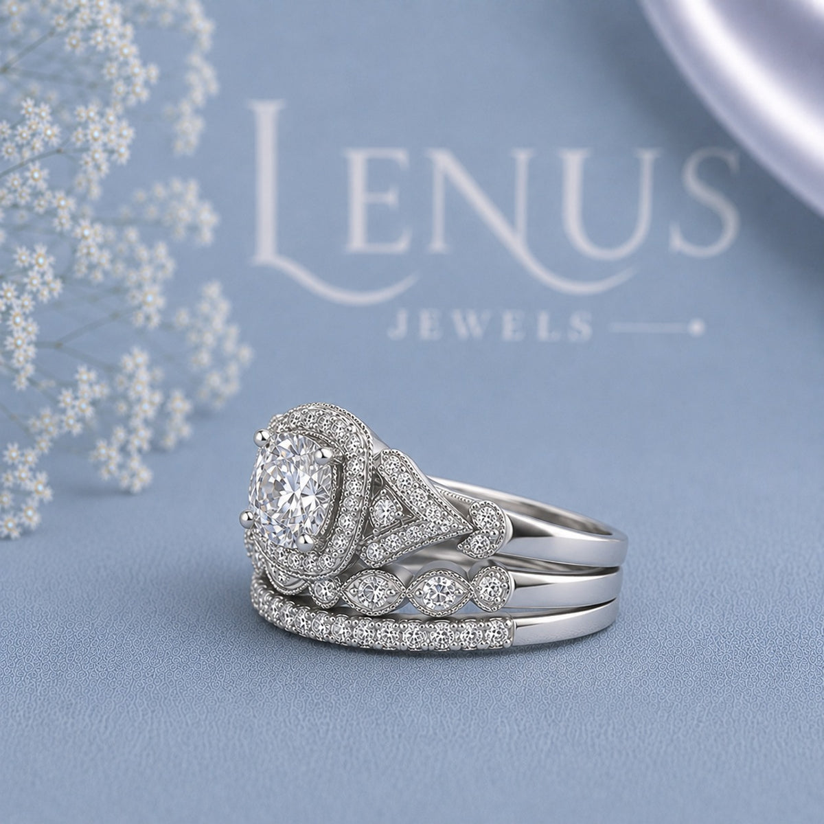 Cushion Halo Moissanite Bridal Set – 3-Piece Vintage Wedding Ring Set