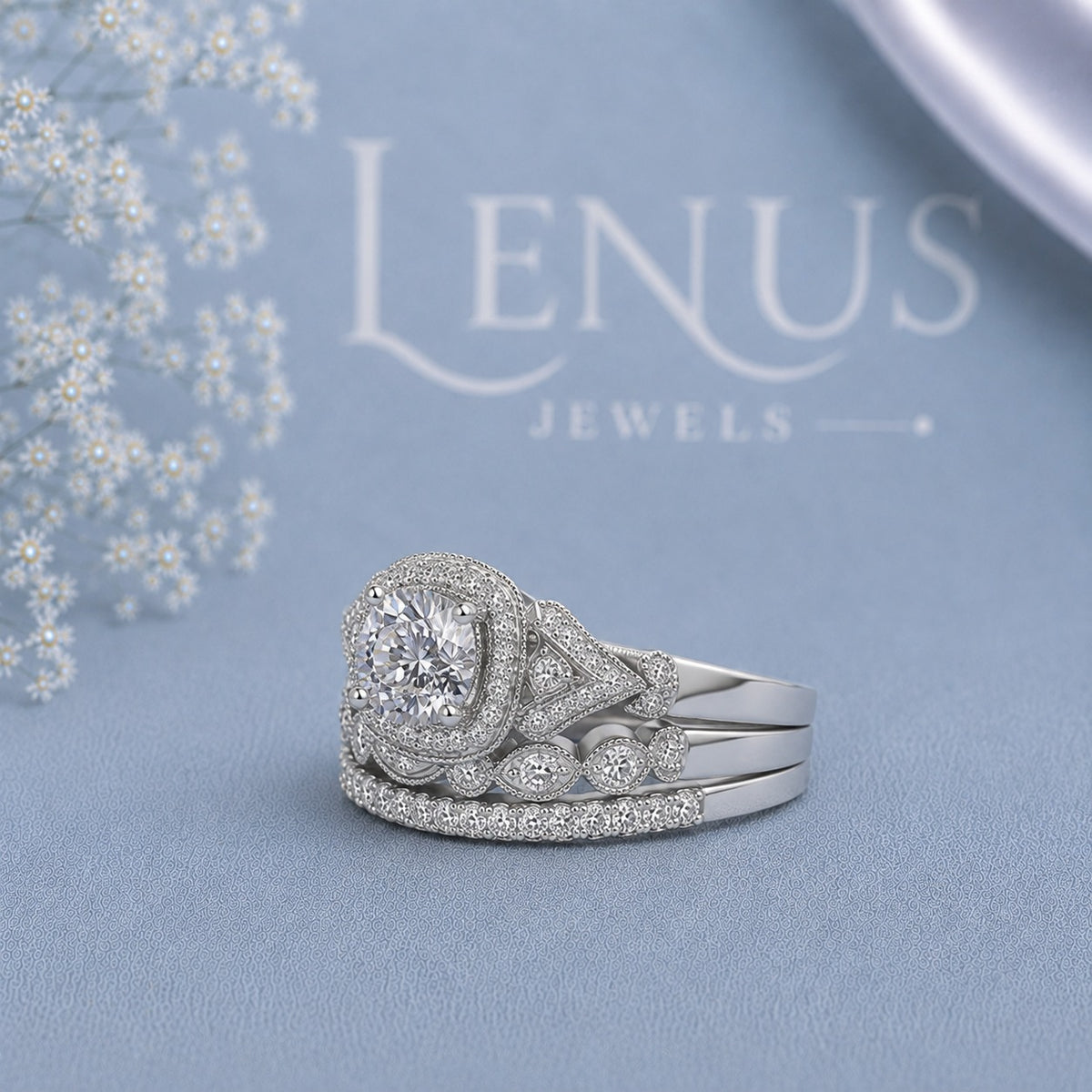 Cushion Halo Moissanite Bridal Set – 3-Piece Vintage Wedding Ring Set