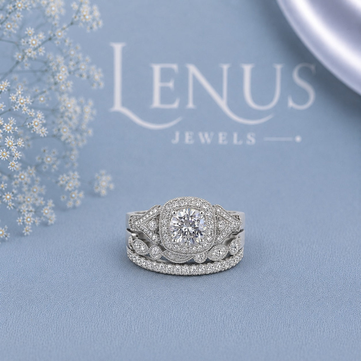 Cushion Halo Moissanite Bridal Set – 3-Piece Vintage Wedding Ring Set
