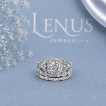 Cushion Halo Moissanite Bridal Set – 3-Piece Vintage Wedding Ring Set