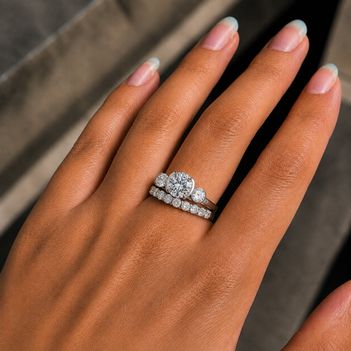 Round Three-Stone Moissanite Bridal Set – Matching 5-Stone Wedding Band