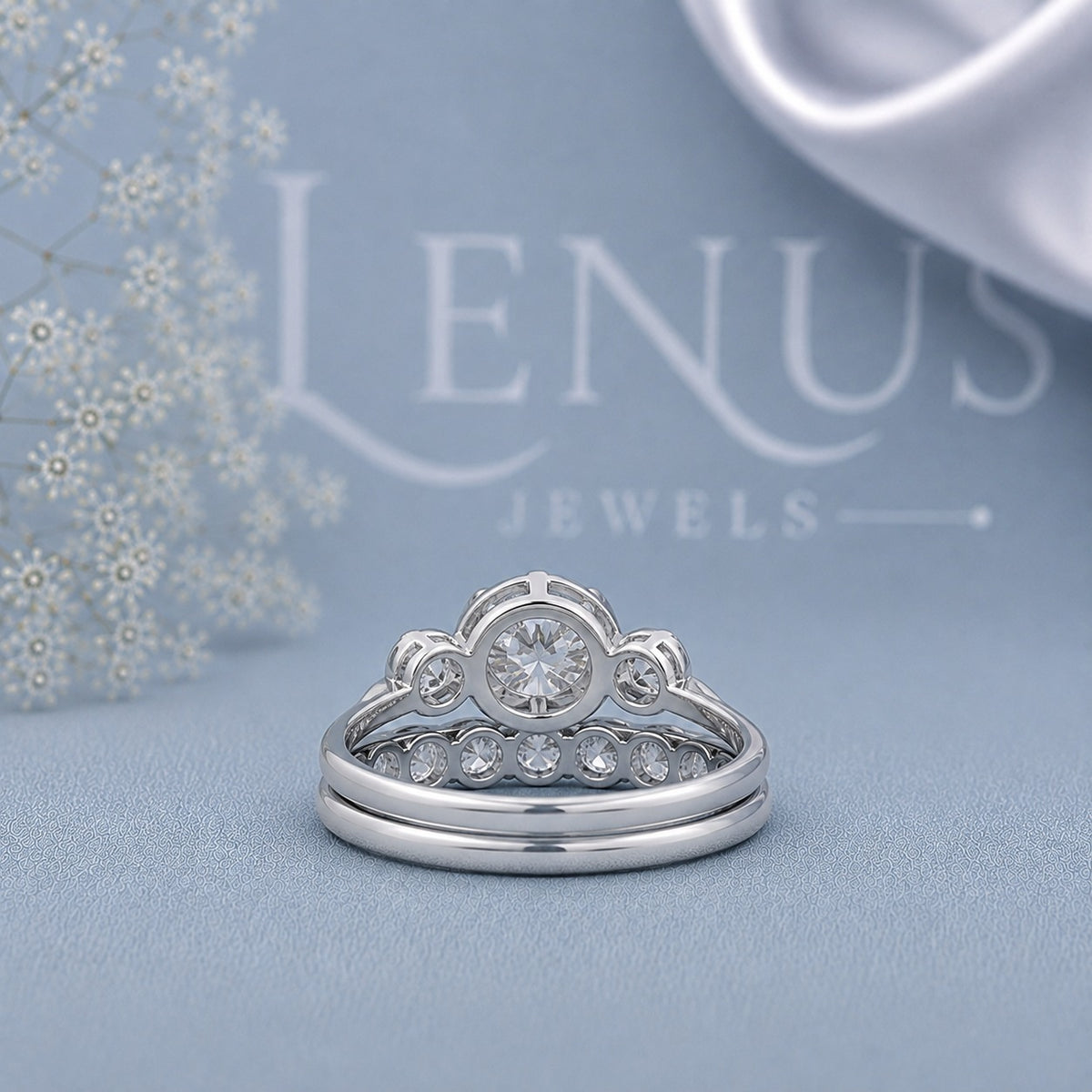 Round Three-Stone Moissanite Bridal Set – Matching 5-Stone Wedding Band