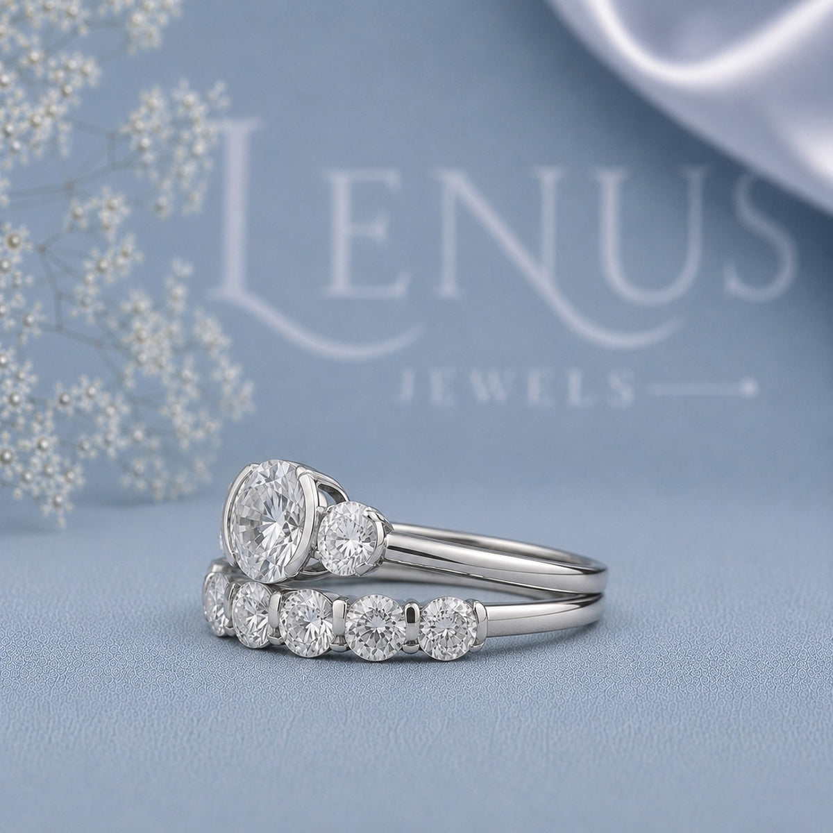 Round Three-Stone Moissanite Bridal Set – Matching 5-Stone Wedding Band