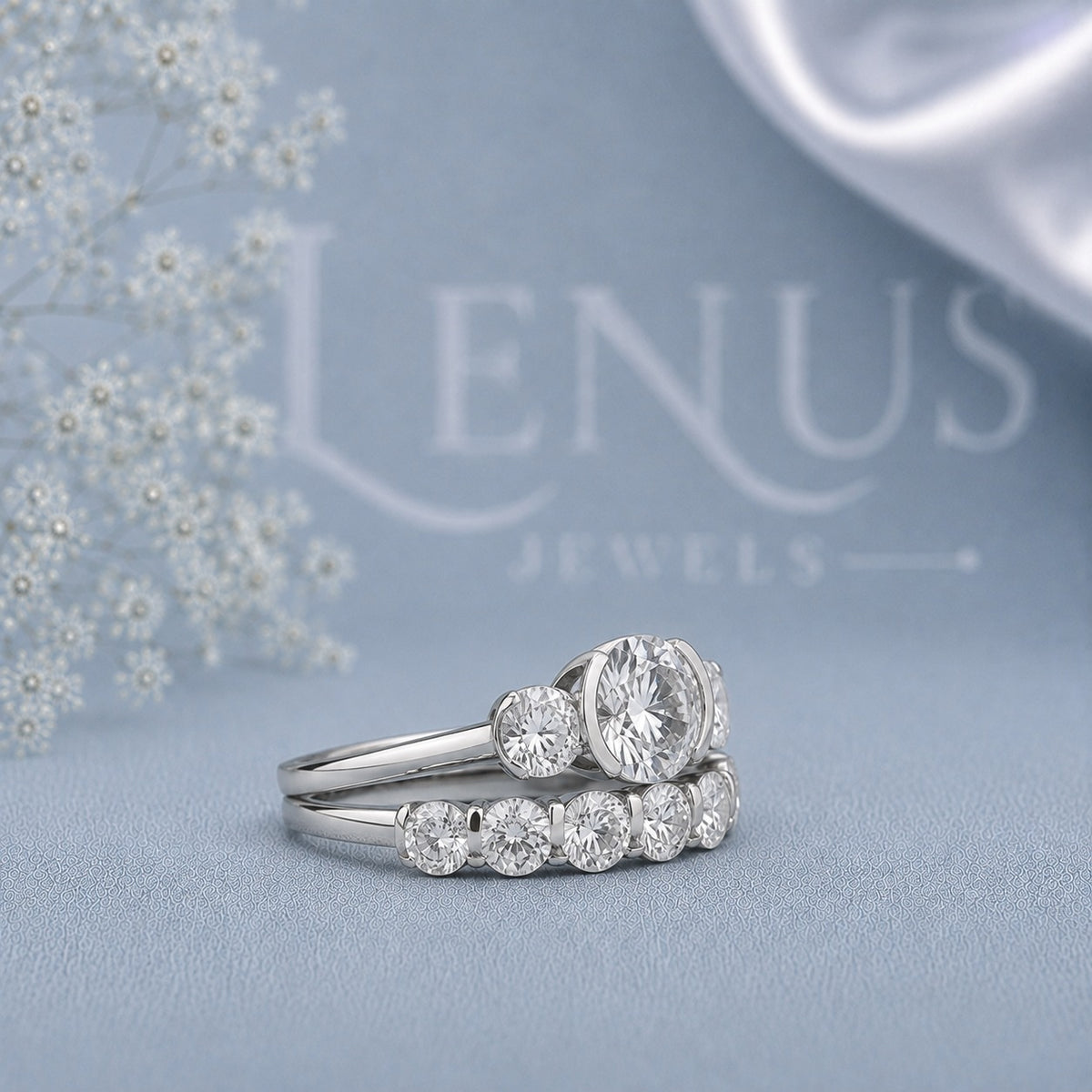 Round Three-Stone Moissanite Bridal Set – Matching 5-Stone Wedding Band