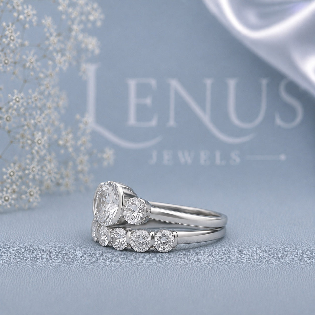 Round Three-Stone Moissanite Bridal Set – Matching 5-Stone Wedding Band
