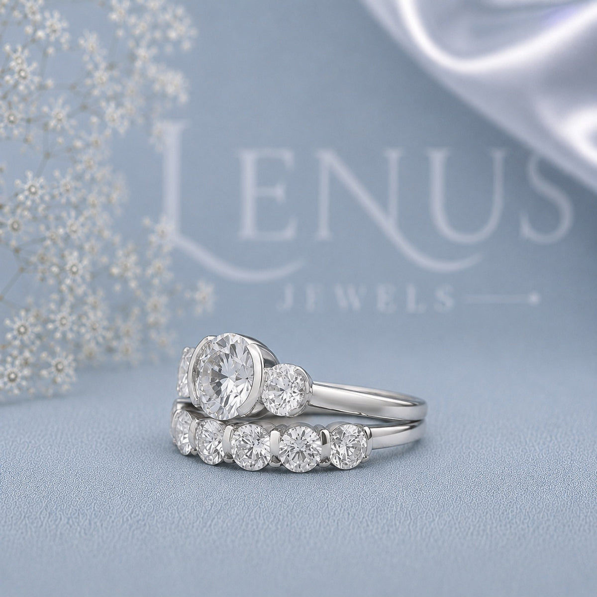 Round Three-Stone Moissanite Bridal Set – Matching 5-Stone Wedding Band