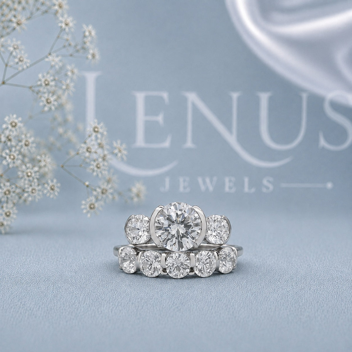 Round Three-Stone Moissanite Bridal Set – Matching 5-Stone Wedding Band