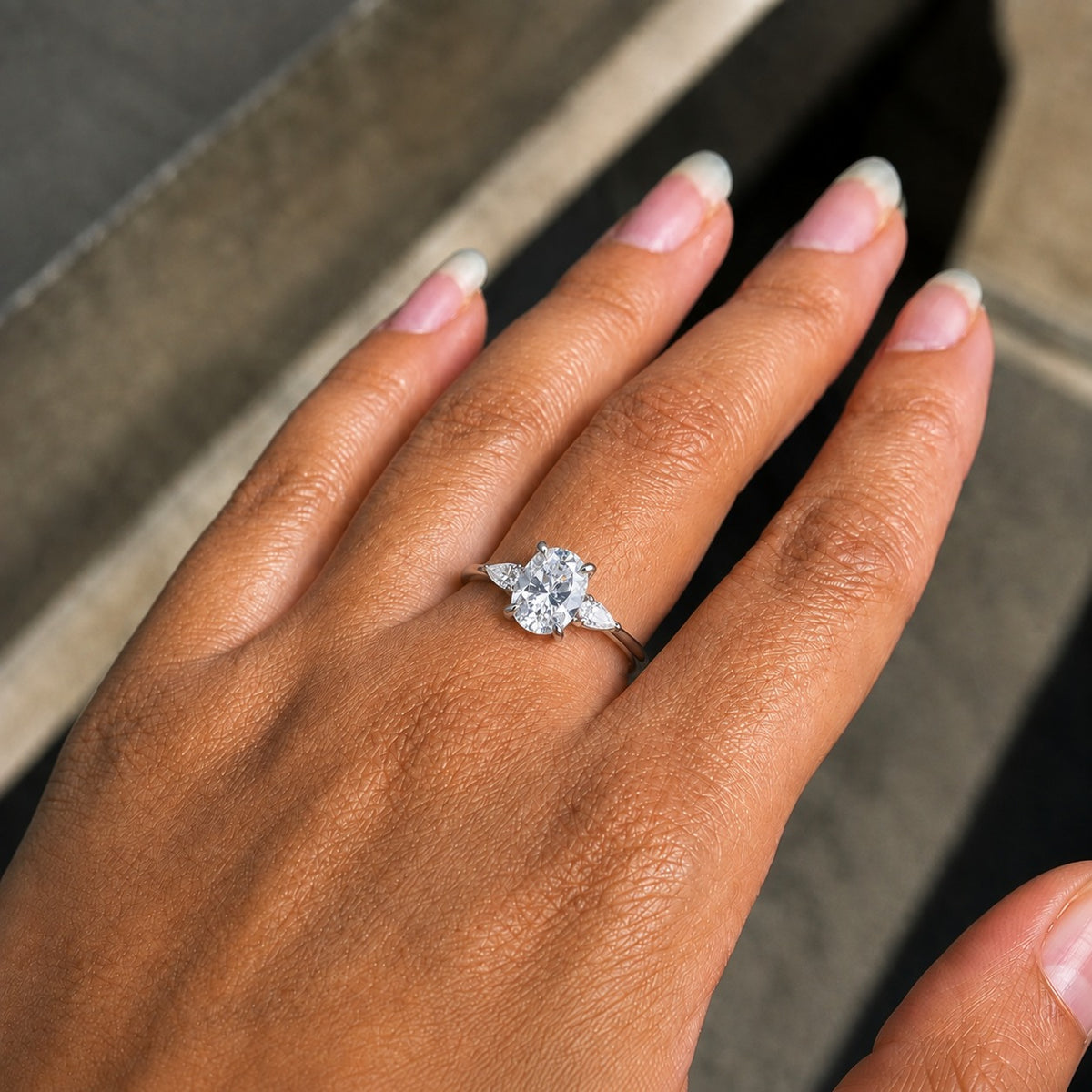 Oval Moissanite Three-Stone Engagement Ring – Pear Side Stones in 925 Sterling Silver