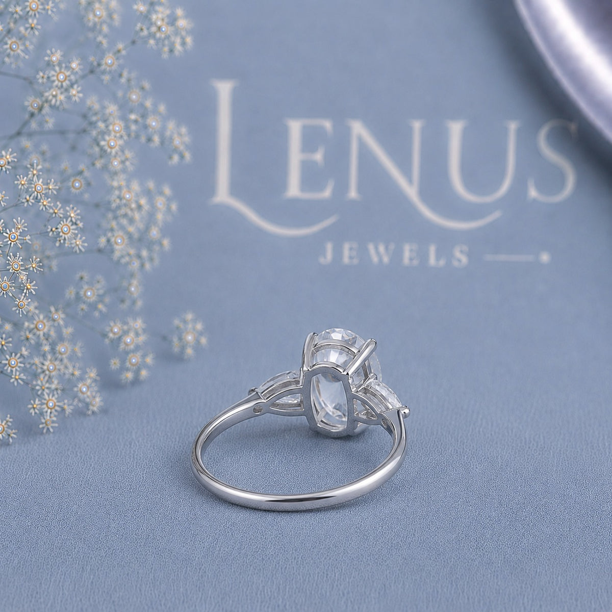 Oval Moissanite Three-Stone Engagement Ring – Pear Side Stones in 925 Sterling Silver