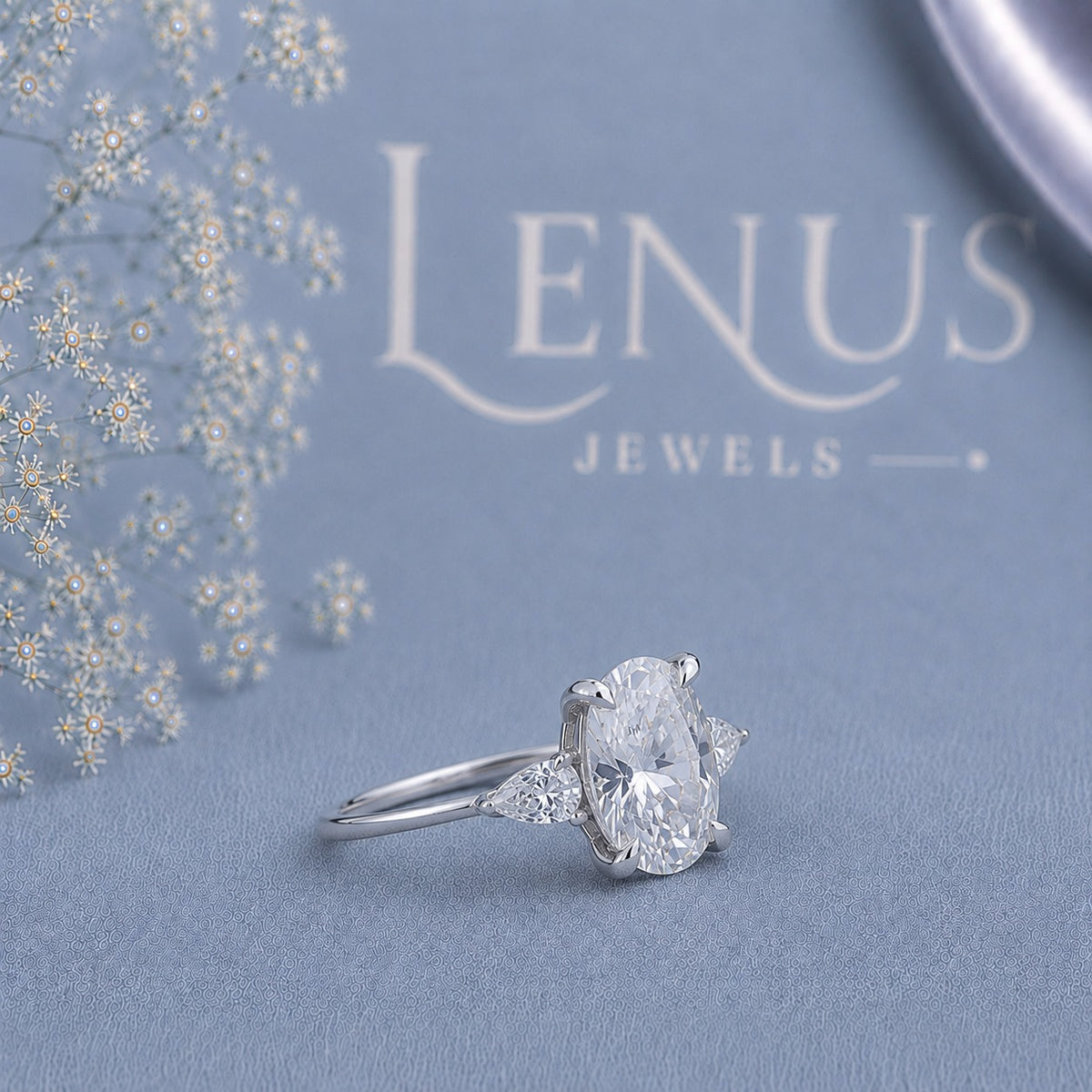 Oval Moissanite Three-Stone Engagement Ring – Pear Side Stones in 925 Sterling Silver