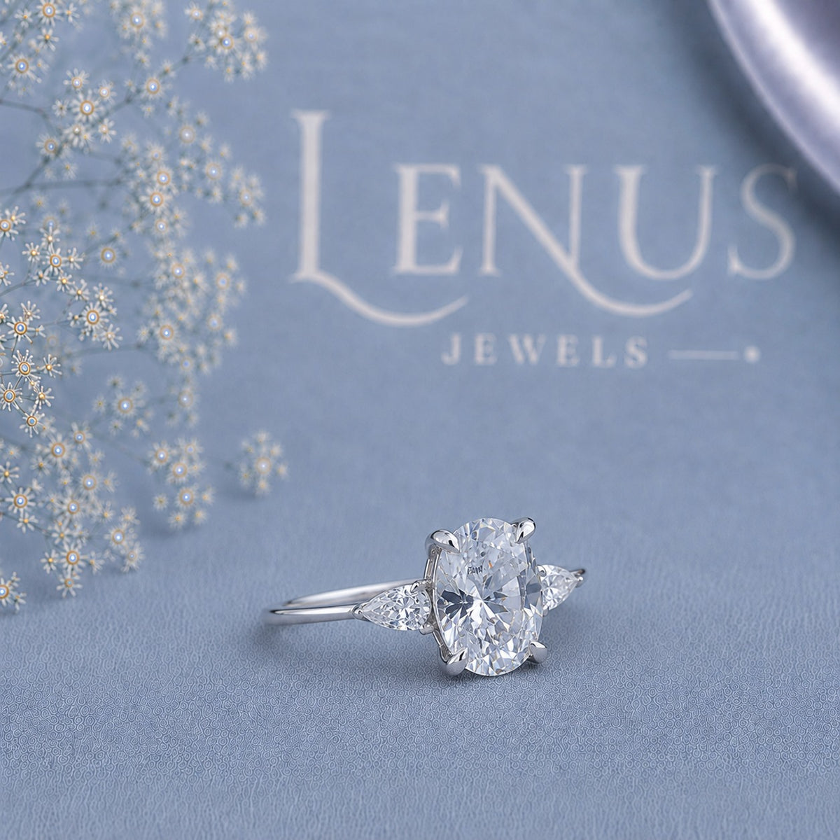 Oval Moissanite Three-Stone Engagement Ring – Pear Side Stones in 925 Sterling Silver