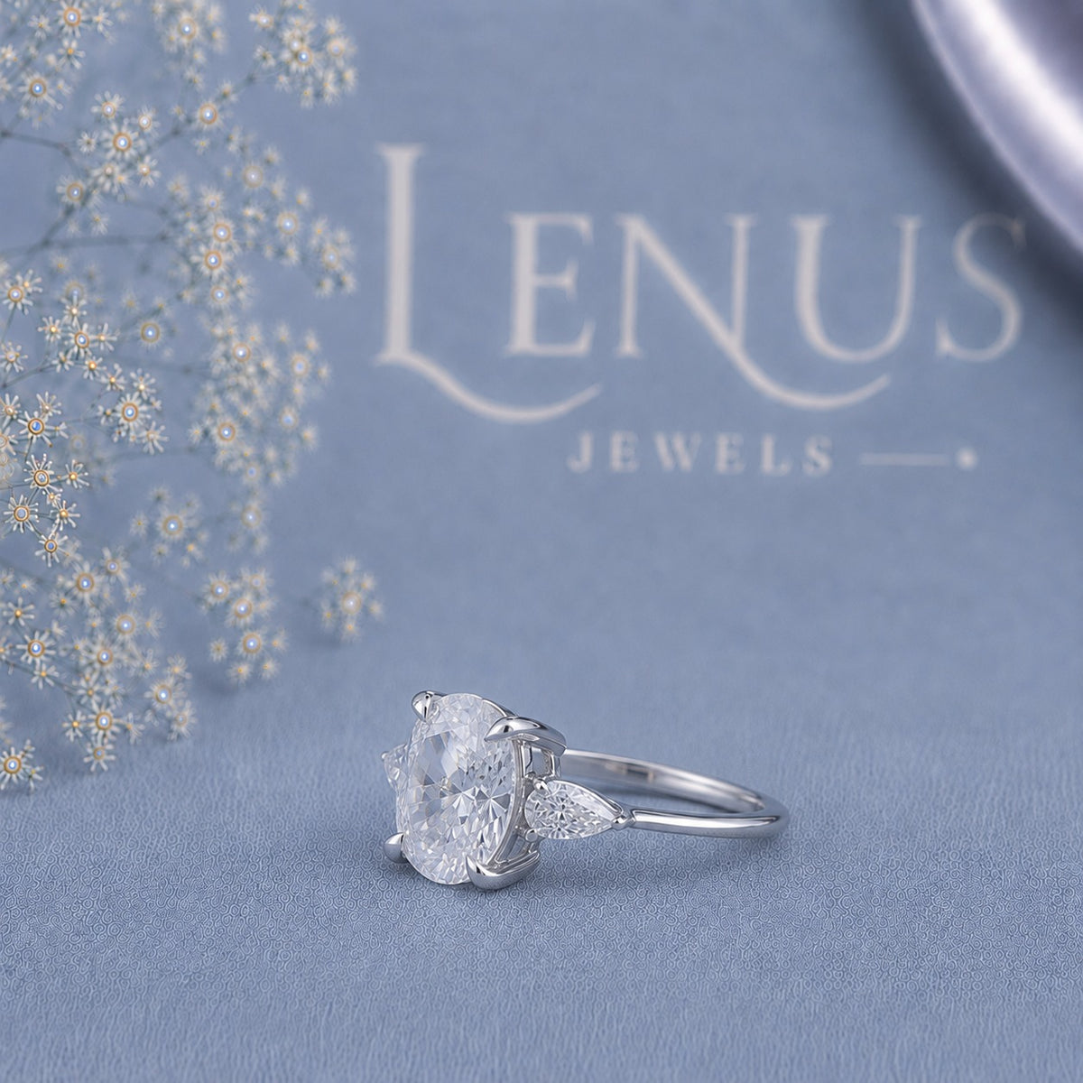Oval Moissanite Three-Stone Engagement Ring – Pear Side Stones in 925 Sterling Silver