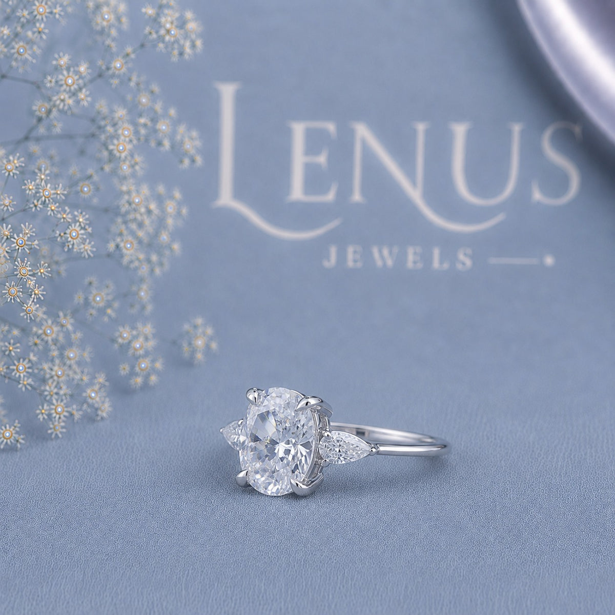 Oval Moissanite Three-Stone Engagement Ring – Pear Side Stones in 925 Sterling Silver