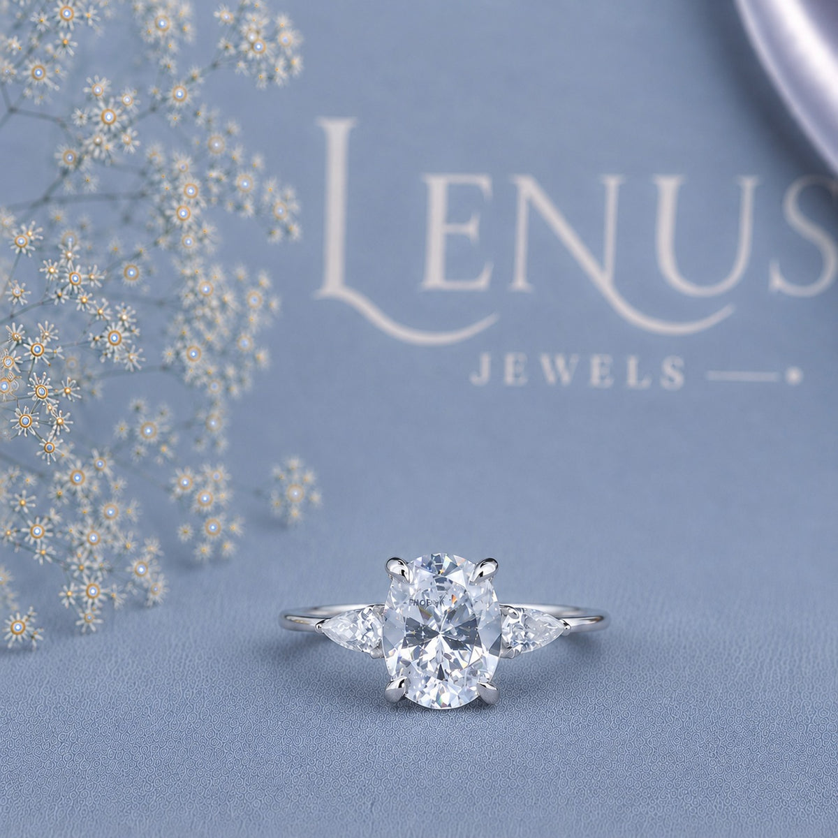 Oval Moissanite Three-Stone Engagement Ring – Pear Side Stones in 925 Sterling Silver