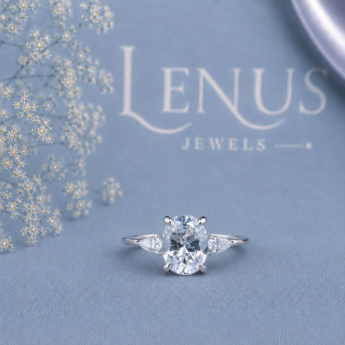Oval Moissanite Three-Stone Engagement Ring – Pear Side Stones in 925 Sterling Silver