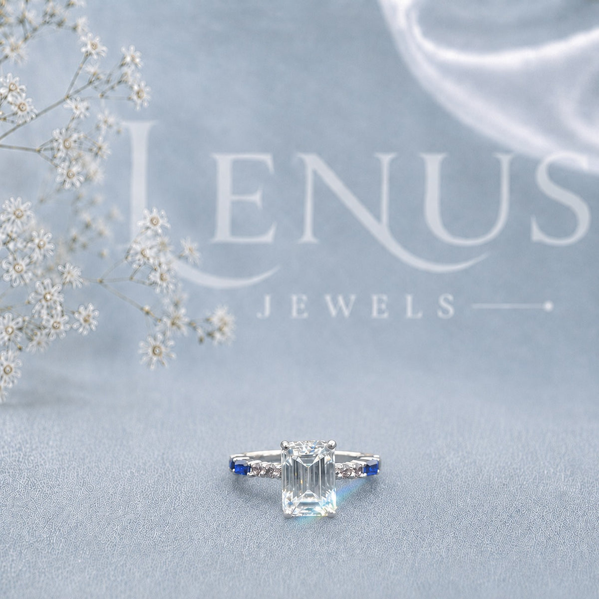 Emerald-Cut Moissanite Engagement Ring – Blue Accent Art Deco Ring in 925 Sterling Silver