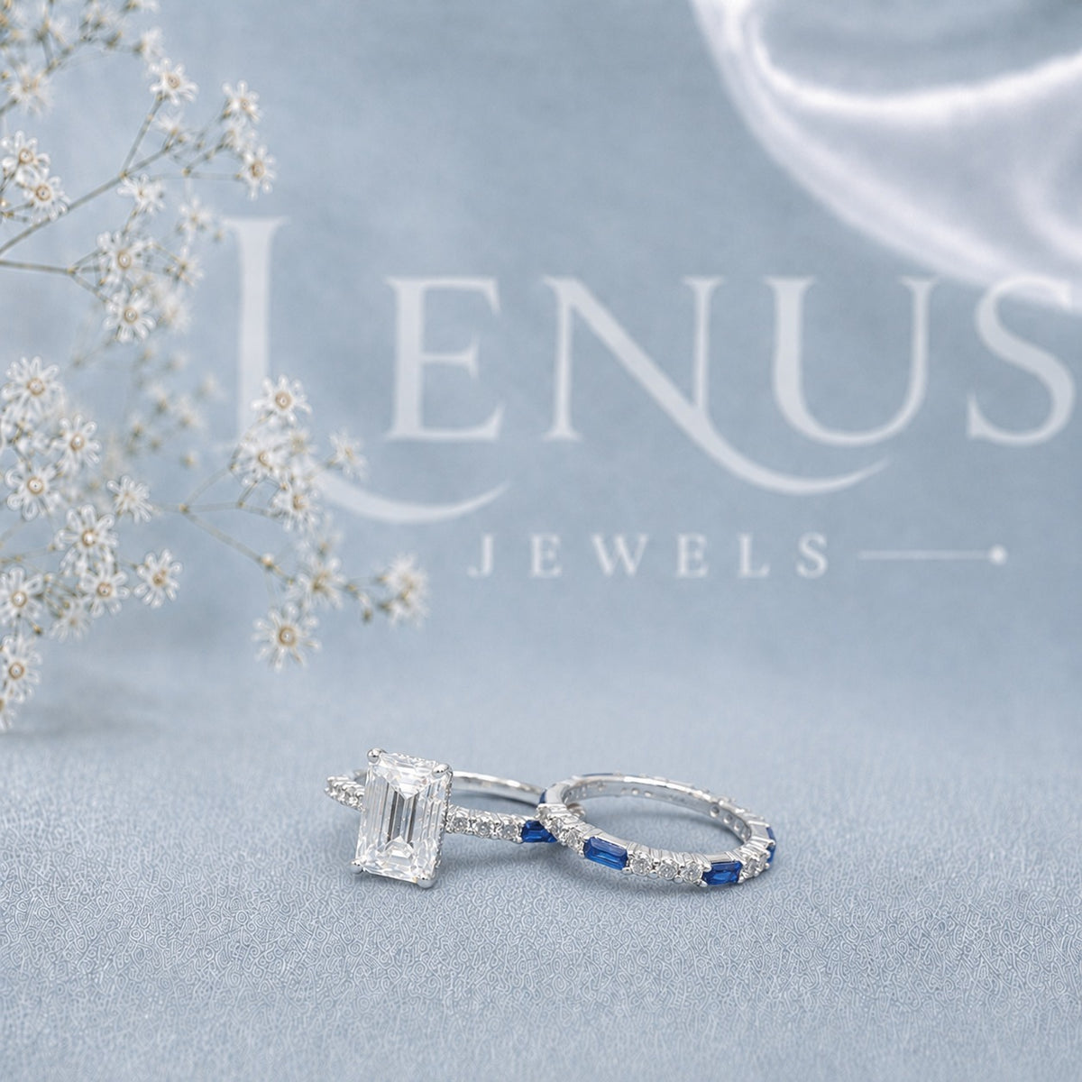 Emerald-Cut Moissanite Engagement Ring – Blue Accent Art Deco Ring in 925 Sterling Silver