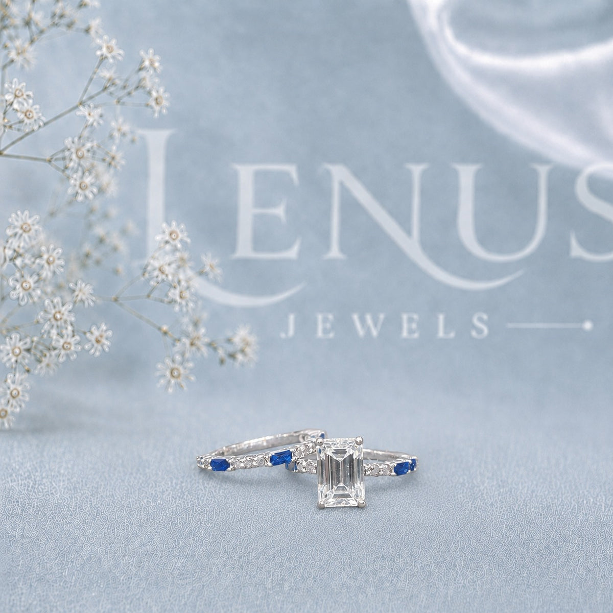 Emerald-Cut Moissanite Engagement Ring – Blue Accent Art Deco Ring in 925 Sterling Silver