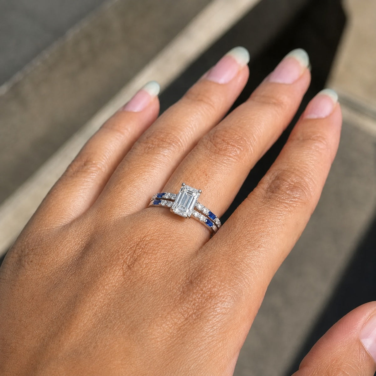 Emerald-Cut Moissanite Engagement Ring – Blue Accent Art Deco Ring in 925 Sterling Silver