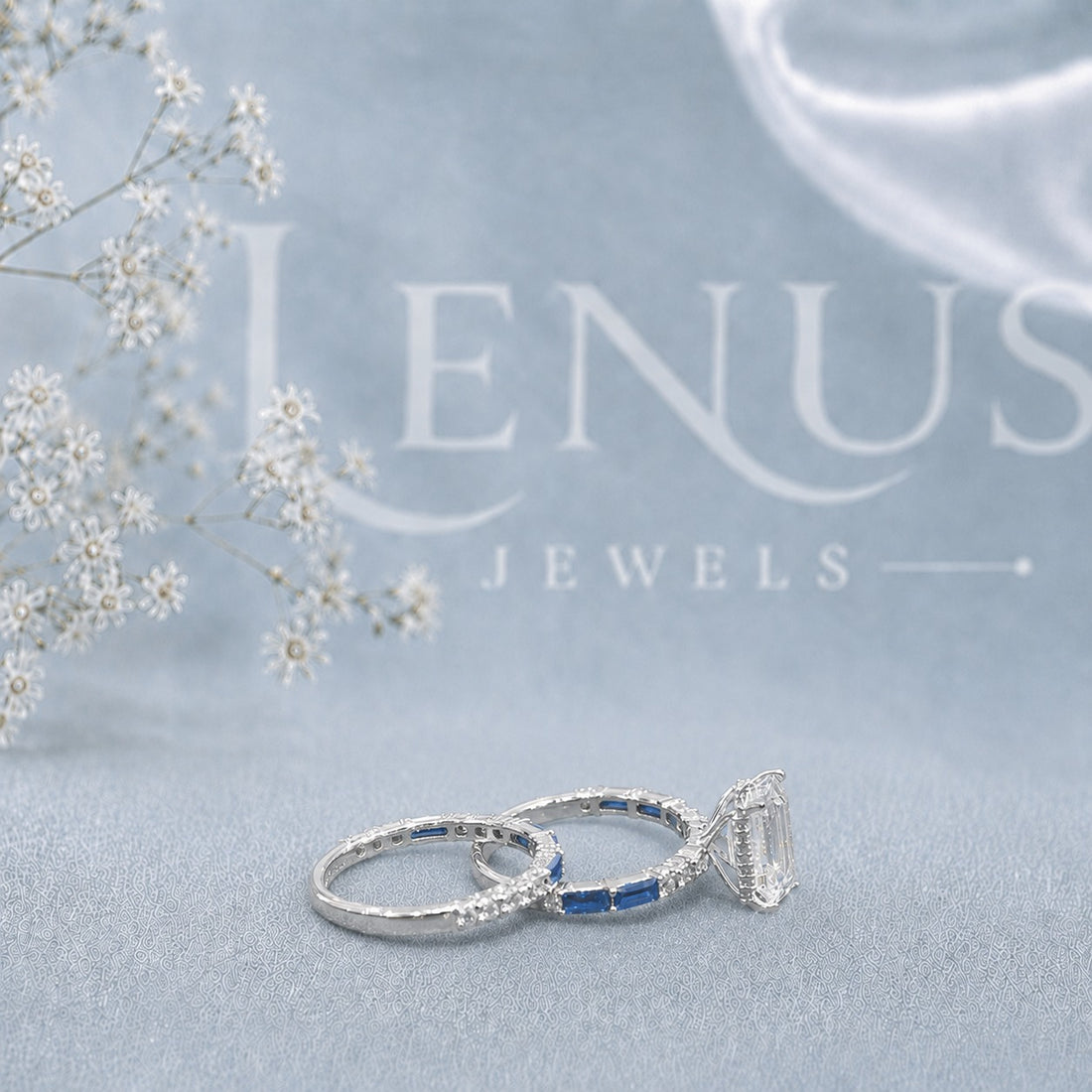 Emerald-Cut Moissanite Engagement Ring – Blue Accent Art Deco Ring in 925 Sterling Silver