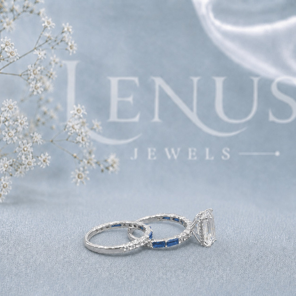 Emerald-Cut Moissanite Engagement Ring – Blue Accent Art Deco Ring in 925 Sterling Silver