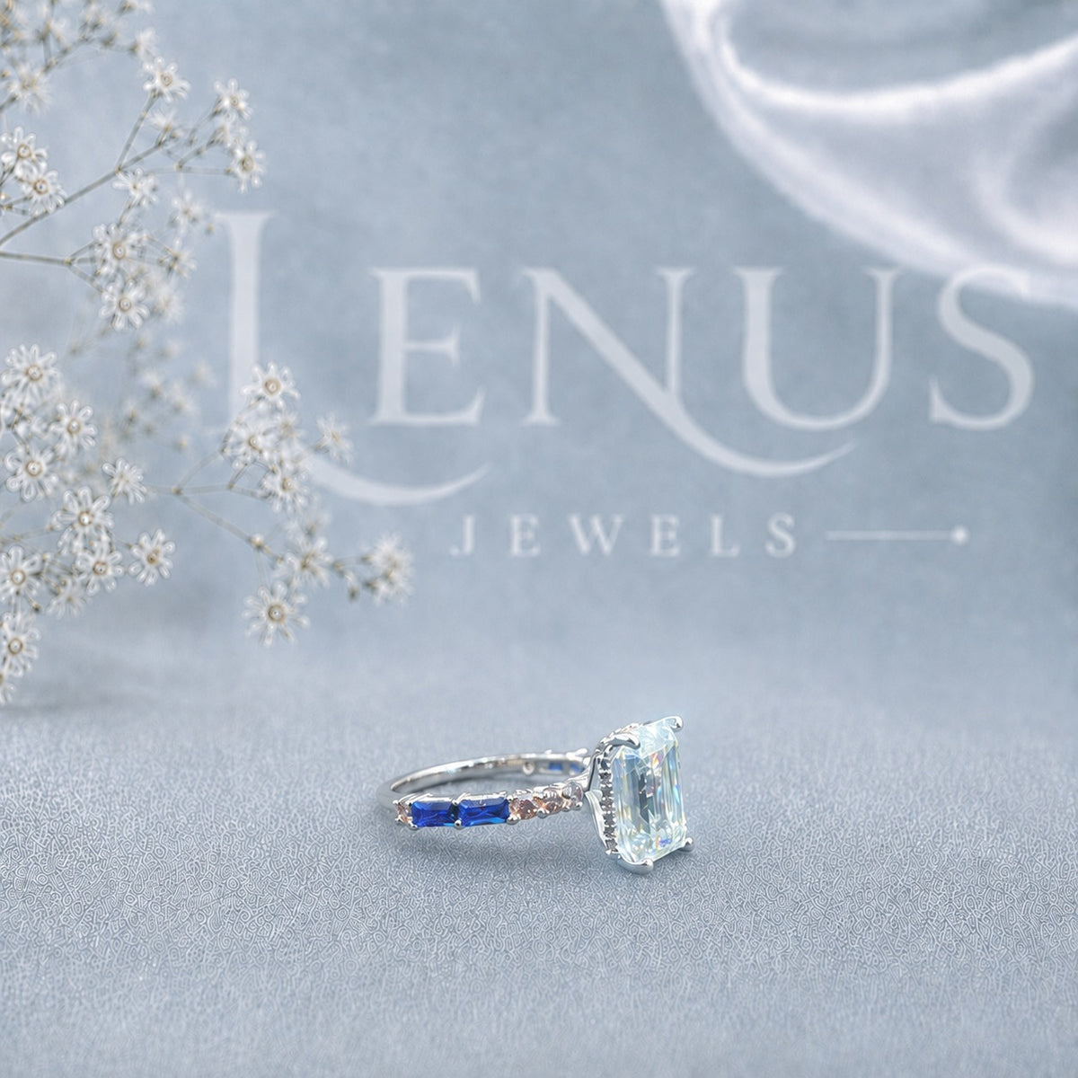 Emerald-Cut Moissanite Engagement Ring – Blue Accent Art Deco Ring in 925 Sterling Silver