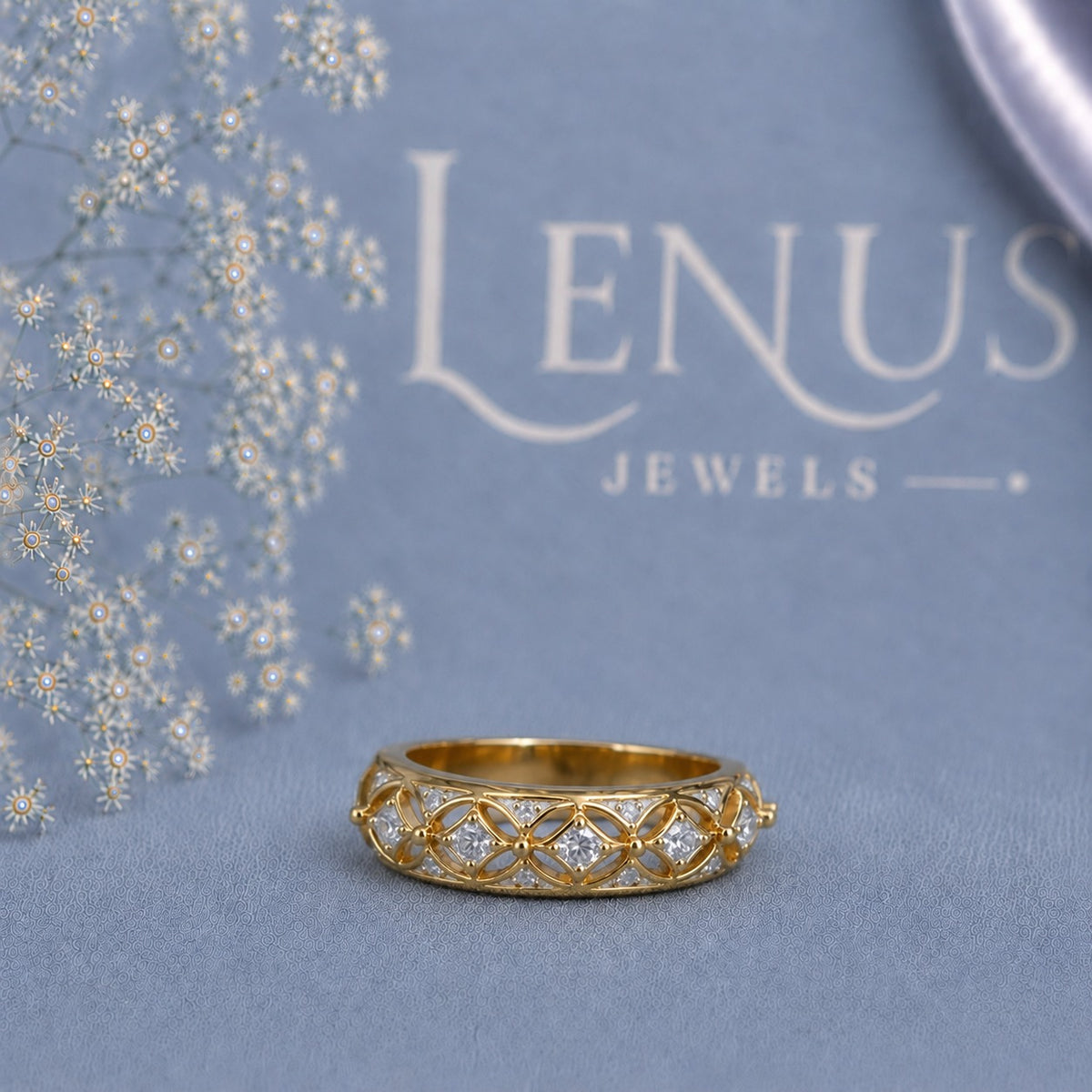 Yellow Gold Five-Stone Moissanite Wedding Band – Vintage Marquise Lattice 925 Silver Anniversary Ring