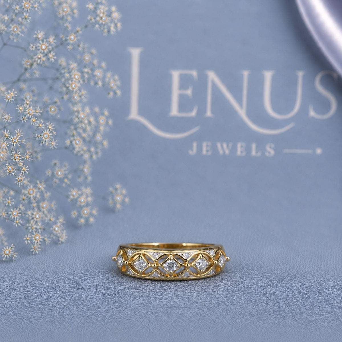 Yellow Gold Five-Stone Moissanite Wedding Band – Vintage Marquise Lattice 925 Silver Anniversary Ring