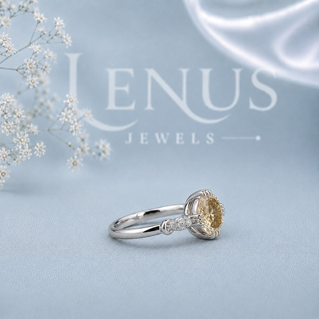 Champagne Round Moissanite Three-Stone Engagement Ring – Pear Side Stones in 925 Sterling Silver