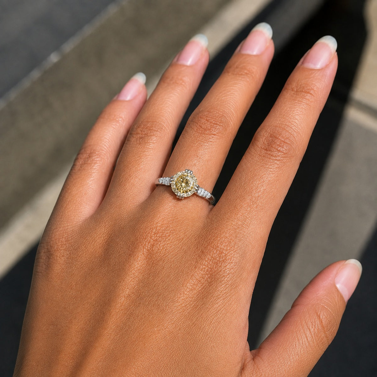 Champagne Round Moissanite Three-Stone Engagement Ring – Pear Side Stones in 925 Sterling Silver