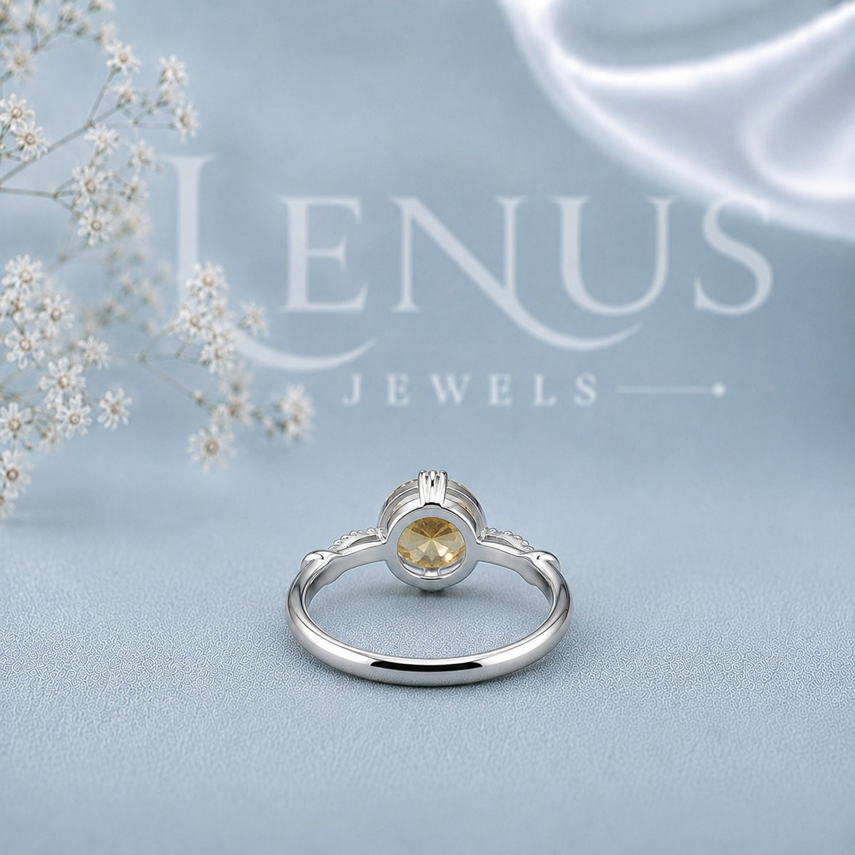Champagne Round Moissanite Three-Stone Engagement Ring – Pear Side Stones in 925 Sterling Silver