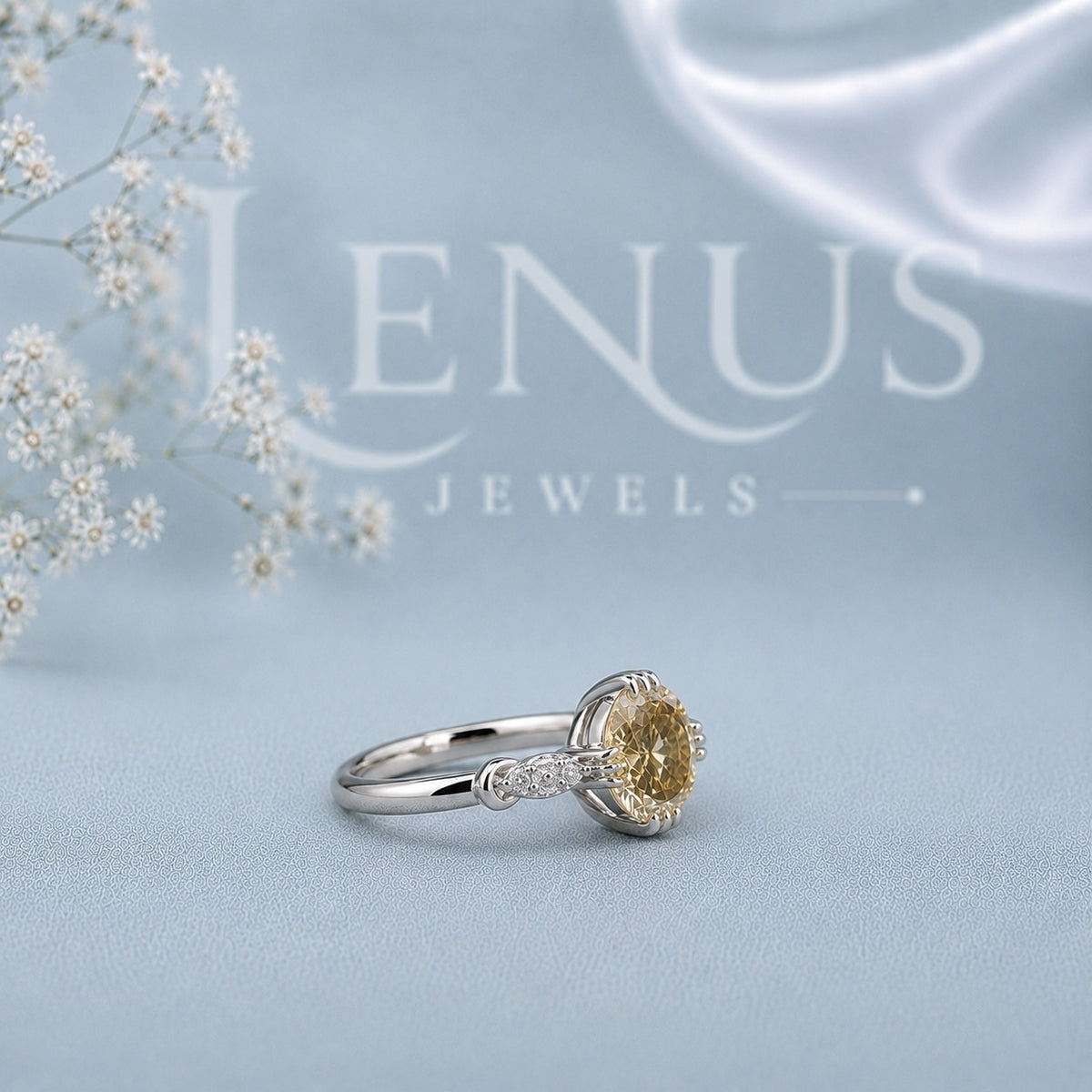 Champagne Round Moissanite Three-Stone Engagement Ring – Pear Side Stones in 925 Sterling Silver