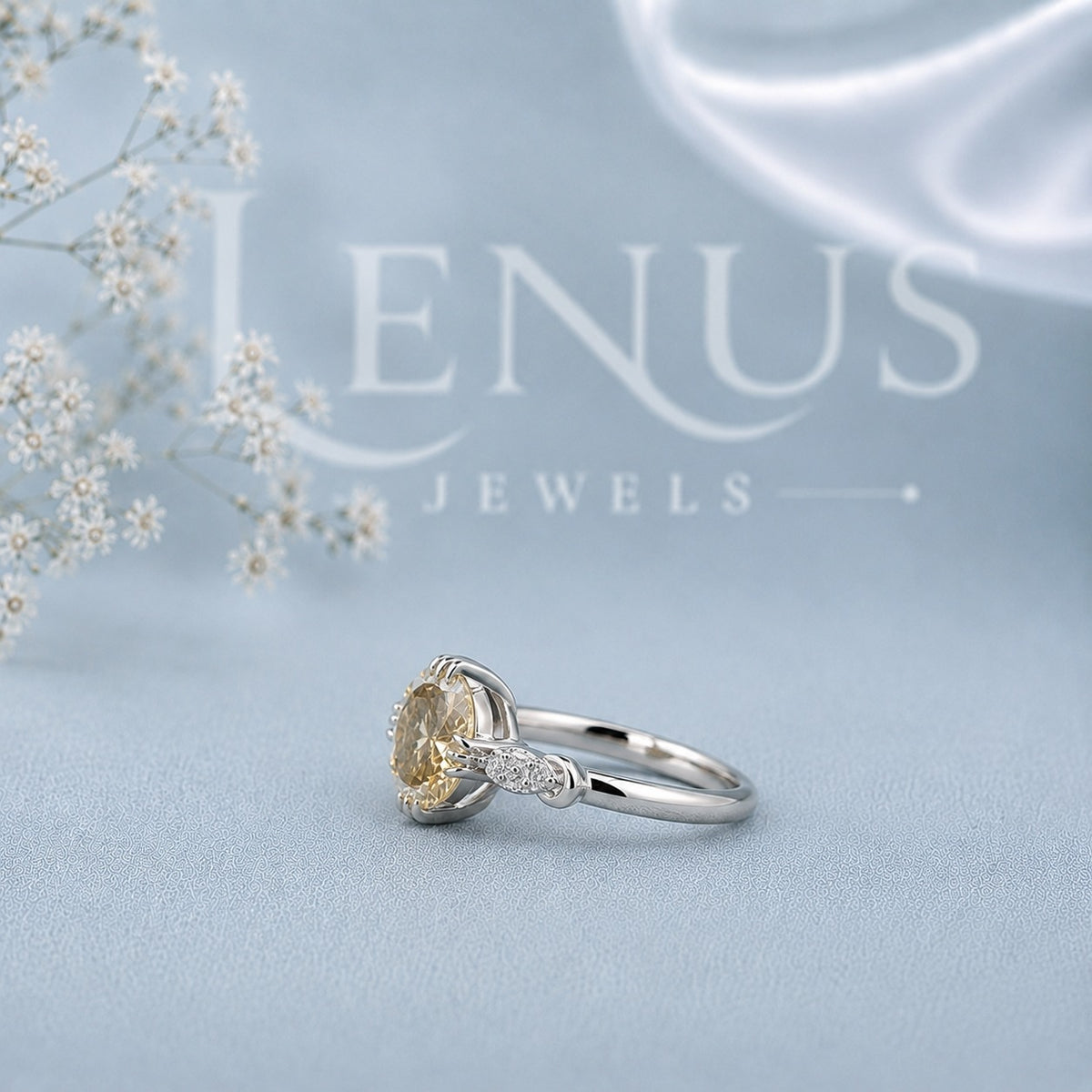 Champagne Round Moissanite Three-Stone Engagement Ring – Pear Side Stones in 925 Sterling Silver
