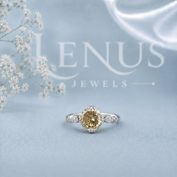 Champagne Round Moissanite Three-Stone Engagement Ring – Pear Side Stones in 925 Sterling Silver