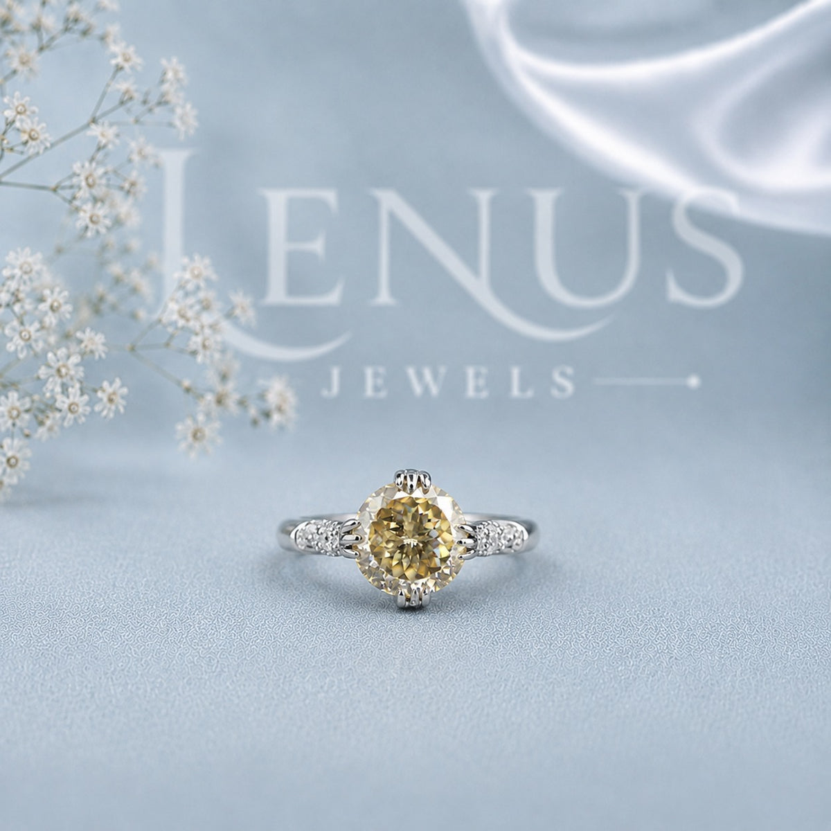 Champagne Round Moissanite Three-Stone Engagement Ring – Pear Side Stones in 925 Sterling Silver